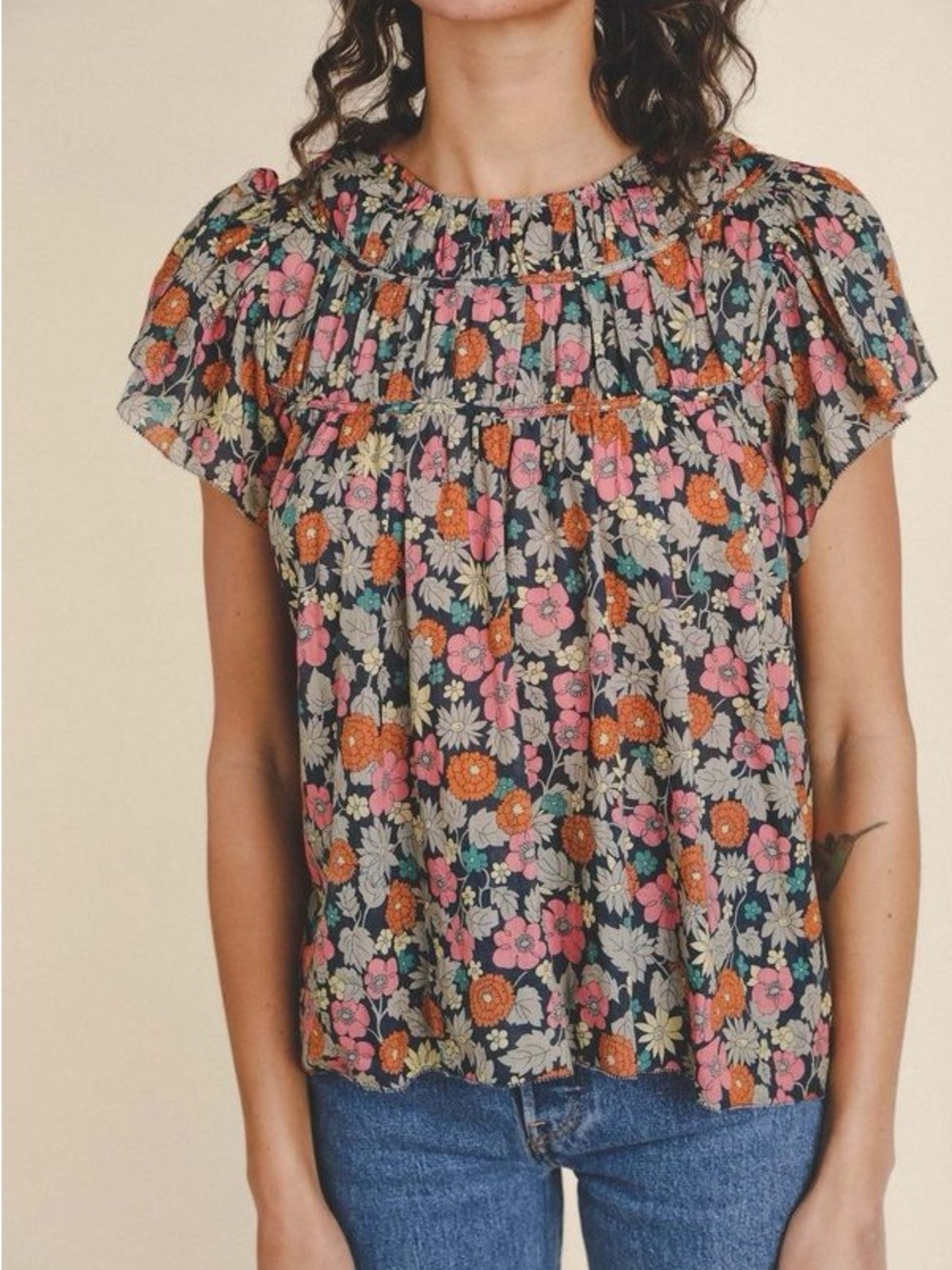 Trovata Birds of Paradis Claudia Ruffle Neck Vintage Floral Top